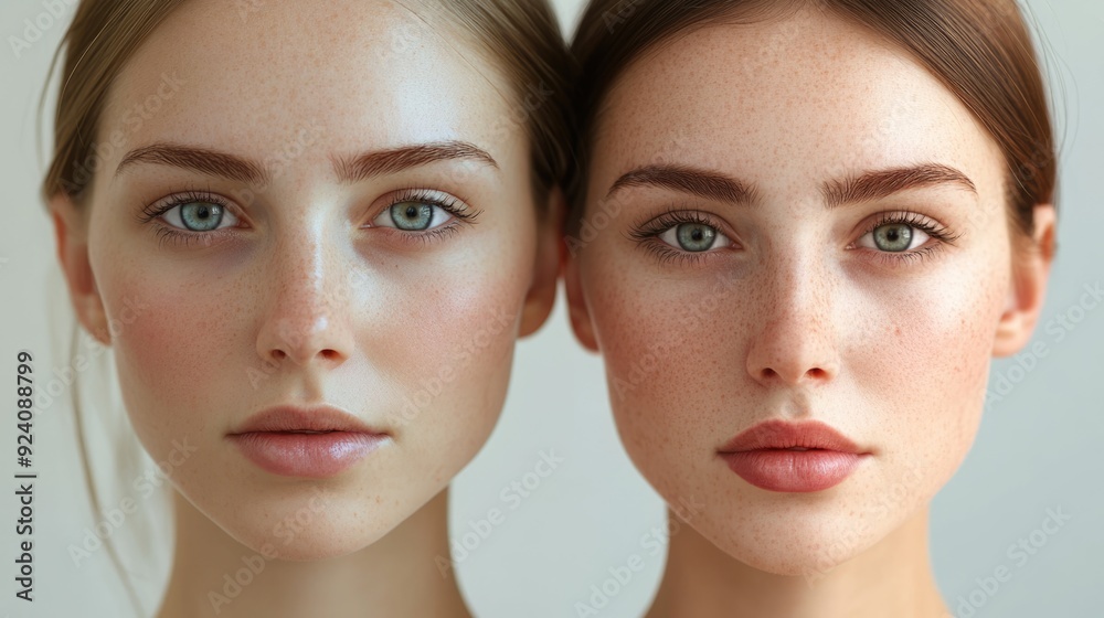 Closeup Portrait of Two Women with Freckles and Clear Skin Closeup Portrait of Two Women with Freckles and Clear Skin