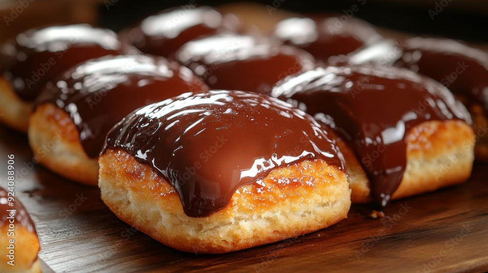 Freshly baked biscuit rolls topped with rich chocolate glaze, presenting an indulgent and delicious dessert. Freshly baked biscuit rolls topped with rich chocolate glaze, presenting an indulgent and delicious dessert.