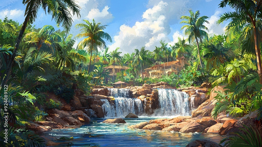 Waterfall painting in tropical paradise with palm trees & house Waterfall painting in tropical paradise with palm trees & house