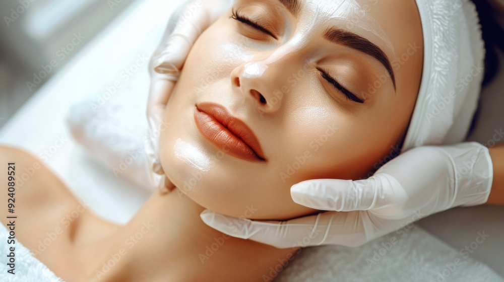 Close-up of a woman's face during a professional facial massage with luxurious skincare products in a spa setting Close-up of a woman's face during a professional facial massage with luxurious skincare products in a spa setting