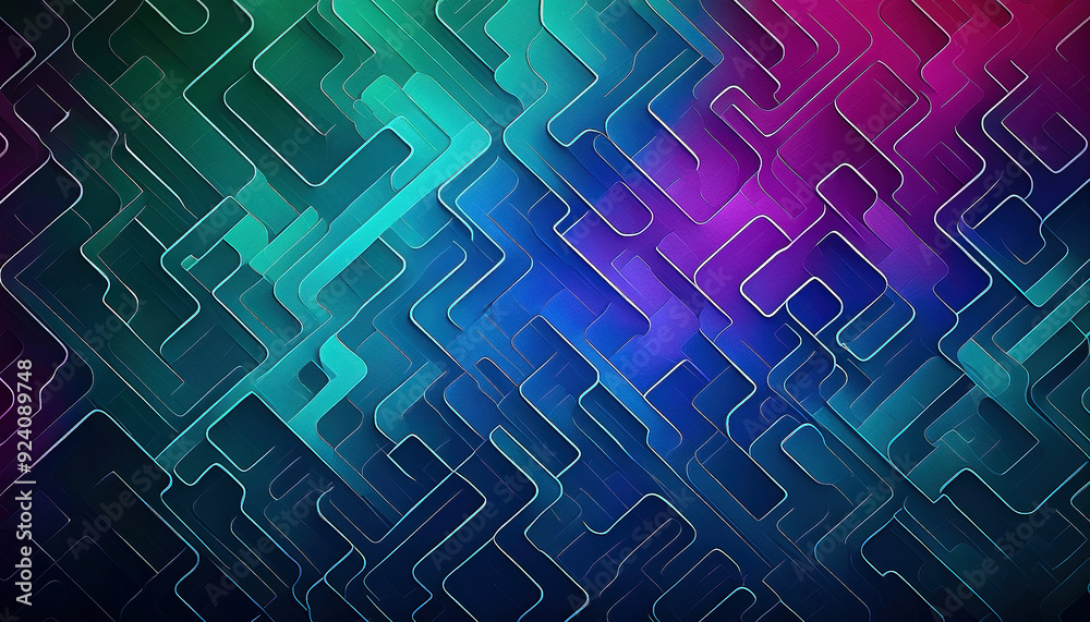 Abstract background with a geometric pattern of intersecting lines. The color palette includes shades of blue, green and purple, with smooth gradients and light accents. AI, Generation, Illustration. Abstract background with a geometric pattern of intersecting lines. The color palette includes shades of blue, green and purple, with smooth gradients and light accents. AI, Generation, Illustration.