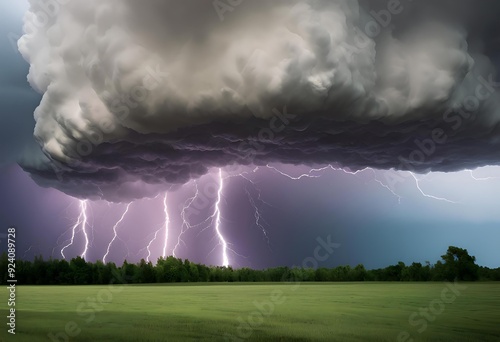 massive tornado forms under dark storm clouds, accompanied by heavy rain and flashes of lightning. 