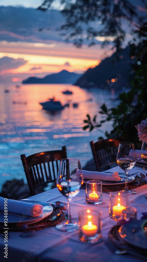 Fototapeta premium A table with candles and wine glasses set up on a beach. The table is surrounded by chairs and the ocean is visible in the background. Scene is romantic and serene