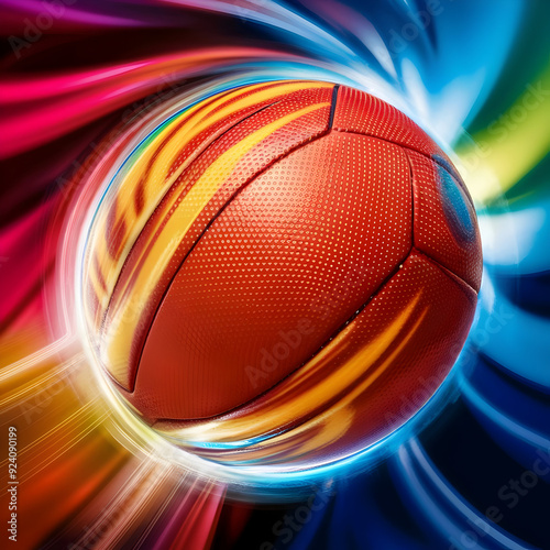 A close up of a basketball on a colorful background