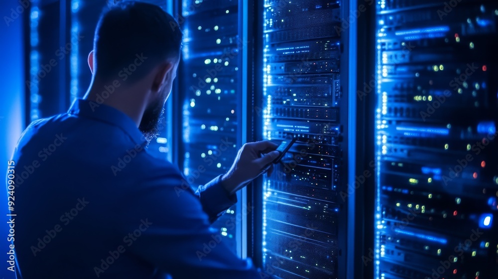 IT specialist working on high-performance server in data center with blue lighting, server racks, and modern IT infrastructure IT specialist working on high-performance server in data center with blue lighting, server racks, and modern IT infrastructure