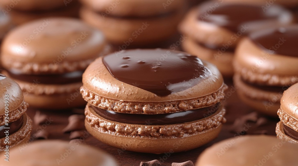 Closeup of chocolate macarons stacked elegantly, showcasing their rich filling and glossy glaze.