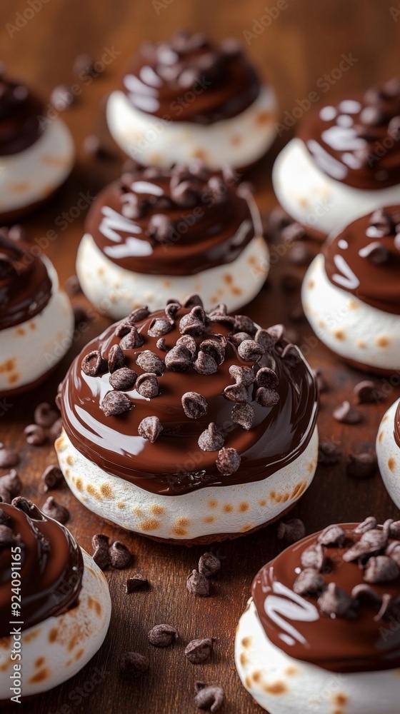 Meringues topped with smooth chocolate and chocolate chips, arranged beautifully on a wooden surface. Meringues topped with smooth chocolate and chocolate chips, arranged beautifully on a wooden surface.
