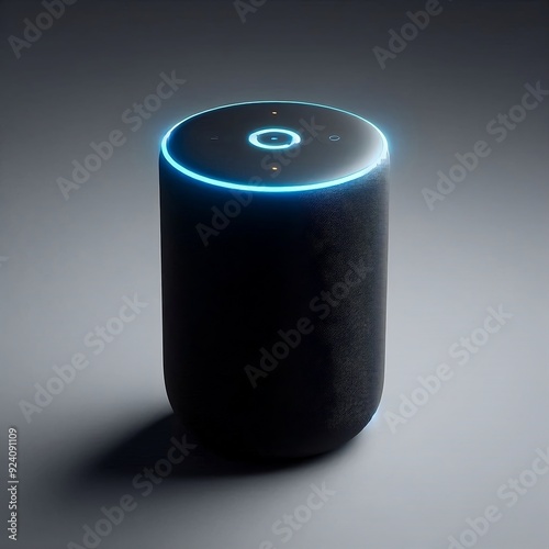 "A black smart home assistant speaker with a glowing blue ring, positioned centrally on a plain gray background, highlighting its smooth, cylindrical shape."