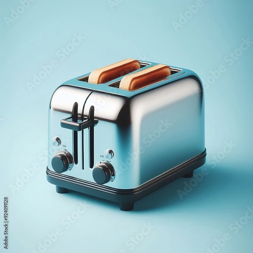 "A retro-style chrome toaster with two slots, placed on a solid pastel blue background, with the lever pressed down, ready to toast."