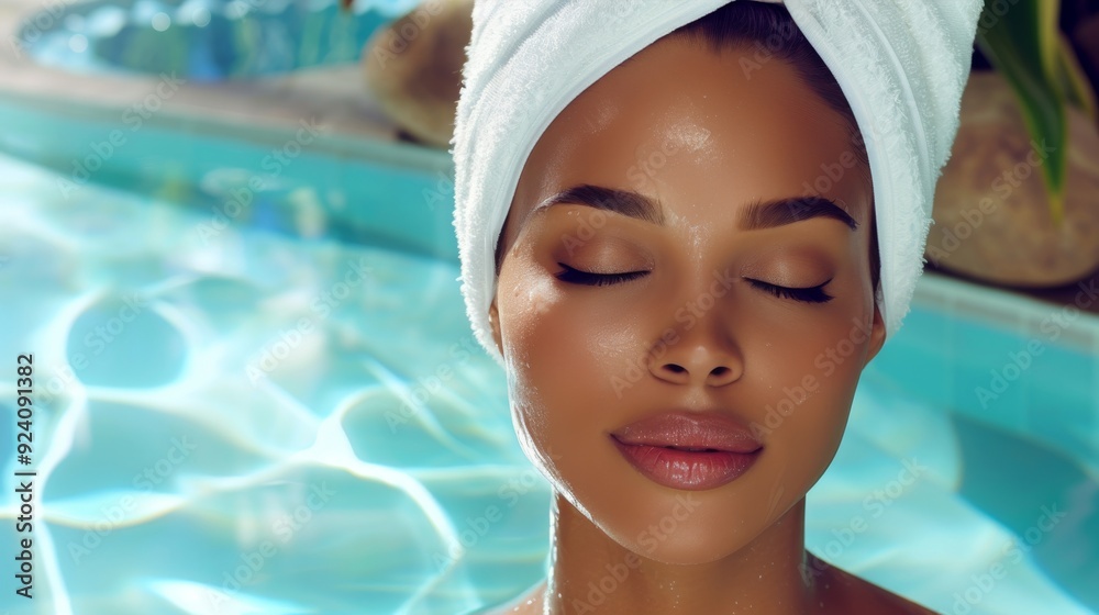 Beautiful woman relaxing in spa pool with closed eyes, enjoying serene moment and skincare routine Beautiful woman relaxing in spa pool with closed eyes, enjoying serene moment and skincare routine