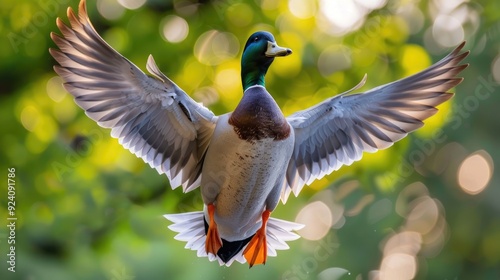 Mallard duck landing with wings open Blurred background empty space