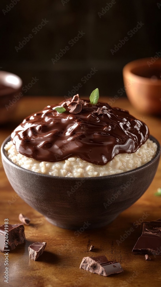 Delicious rice pudding topped with rich chocolate sauce, garnished elegantly, served in a dark bowl. Delicious rice pudding topped with rich chocolate sauce, garnished elegantly, served in a dark bowl.