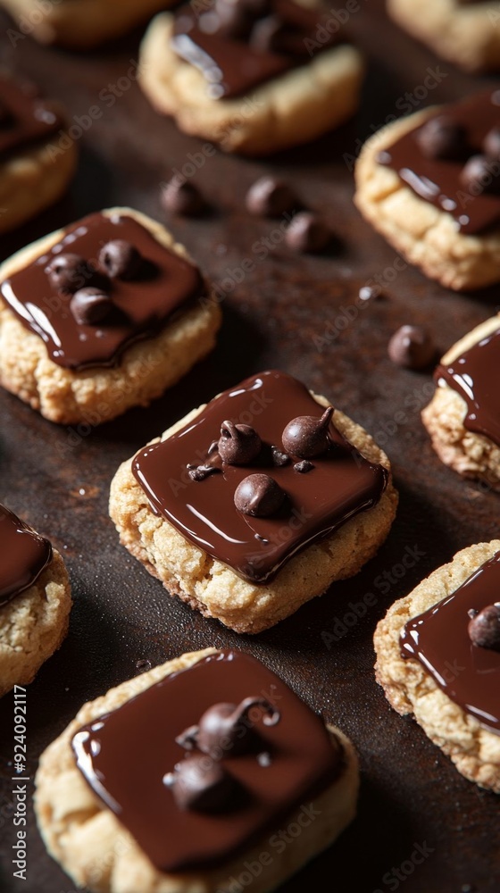 Delicious shortbread cookies topped with chocolate glaze and chocolate chips, perfect for dessert or a sweet snack. Delicious shortbread cookies topped with chocolate glaze and chocolate chips, perfect for dessert or a sweet snack.