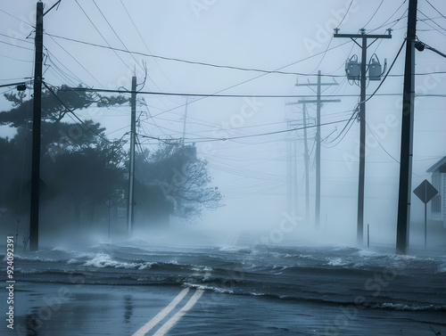 Strong hurricane winds bending power lines in a storm, causing them to sway dangerously in wind. photo