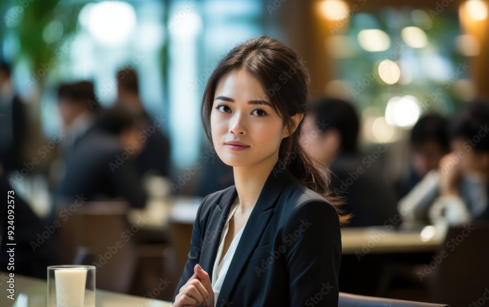 A woman in a business suit is sitting at a table in a restaurant. She is looking at the camera with a serious expression. The scene is set in a busy restaurant with other people around her A woman in a business suit is sitting at a table in a restaurant. She is looking at the camera with a serious expression. The scene is set in a busy restaurant with other people around her