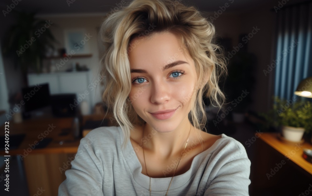A woman with blonde hair and blue eyes is smiling at the camera. She is wearing a gray shirt and a necklace A woman with blonde hair and blue eyes is smiling at the camera. She is wearing a gray shirt and a necklace