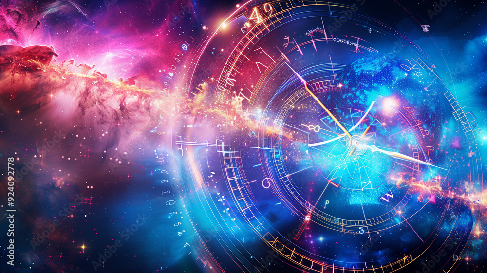 An intricate and ethereal celestial clock, set against a backdrop of swirling nebulae. This image evokes a sense of wonder and mystery. Perfect for projects related to fantasy, An intricate and ethereal celestial clock, set against a backdrop of swirling nebulae. This image evokes a sense of wonder and mystery. Perfect for projects related to fantasy,