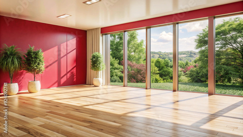 Modern  minimalist interior  elegant  empty room  with big windows  sunny  architectural design  warm colors  spacious composition  contemporary style  interior design concept