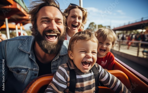 A family of four is riding a roller coaster, with the father and two children smiling and the mother looking on. Scene is joyful and lighthearted