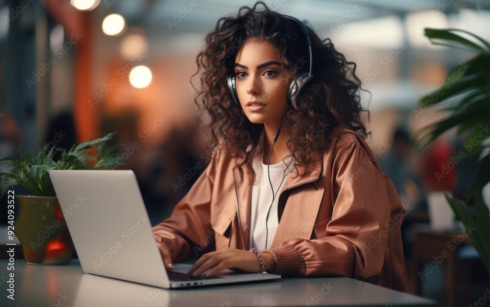 A woman wearing headphones is sitting at a table with a laptop. She is focused on her work, possibly typing or browsing the internet. The scene suggests a quiet and solitary atmosphere A woman wearing headphones is sitting at a table with a laptop. She is focused on her work, possibly typing or browsing the internet. The scene suggests a quiet and solitary atmosphere
