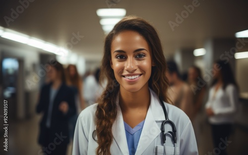 A woman in a white coat and blue scrubs is smiling for the camera. She is a doctor and is standing in a hallway