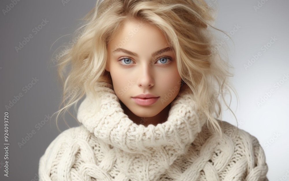 A blonde woman with blue eyes is wearing a white sweater with a cable knit pattern. She has a cute and innocent look on her face A blonde woman with blue eyes is wearing a white sweater with a cable knit pattern. She has a cute and innocent look on her face