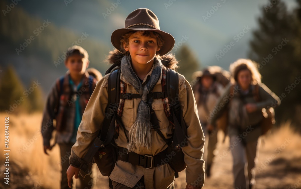 A group of children are hiking in the woods, one of whom is wearing a hat and a scarf A group of children are hiking in the woods, one of whom is wearing a hat and a scarf