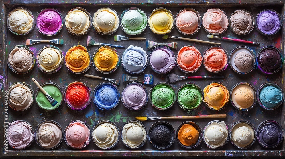 A palette of paint and brushes, accompanied by a variety of paints in various hues on a tray A palette of paint and brushes, accompanied by a variety of paints in various hues on a tray