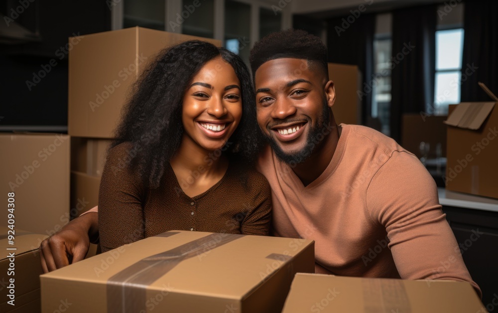 A couple is posing for a picture in front of a stack of cardboard boxes. They are smiling and seem happy A couple is posing for a picture in front of a stack of cardboard boxes. They are smiling and seem happy