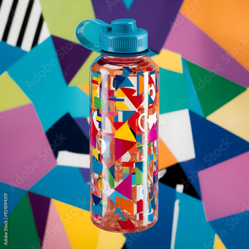 A colorful water bottle sitting on top of a table