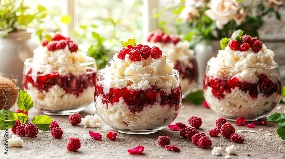 Raspberry Rice Pudding in Glass Bowl with Fresh Raspberries and Flowers Raspberry Rice Pudding in Glass Bowl with Fresh Raspberries and Flowers