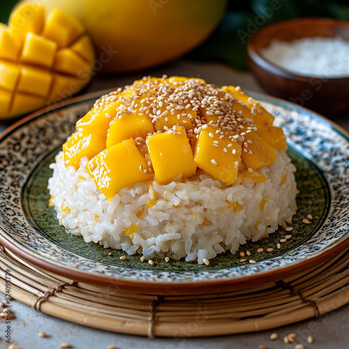 Khao Niew Mamuang, A traditional Thai Mango Sticky Rice served on a decorative plate. The dish features creamy sticky rice topped with sweet coconut milk, accompanied by ripe mango slices photo