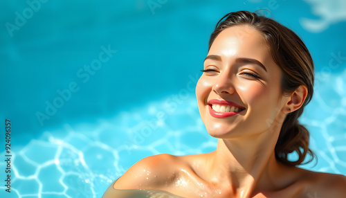 A dewy-skinned woman basks in the joy of summer, her beautiful face radiating with wellness by the pool isolated with white highlights, png photo