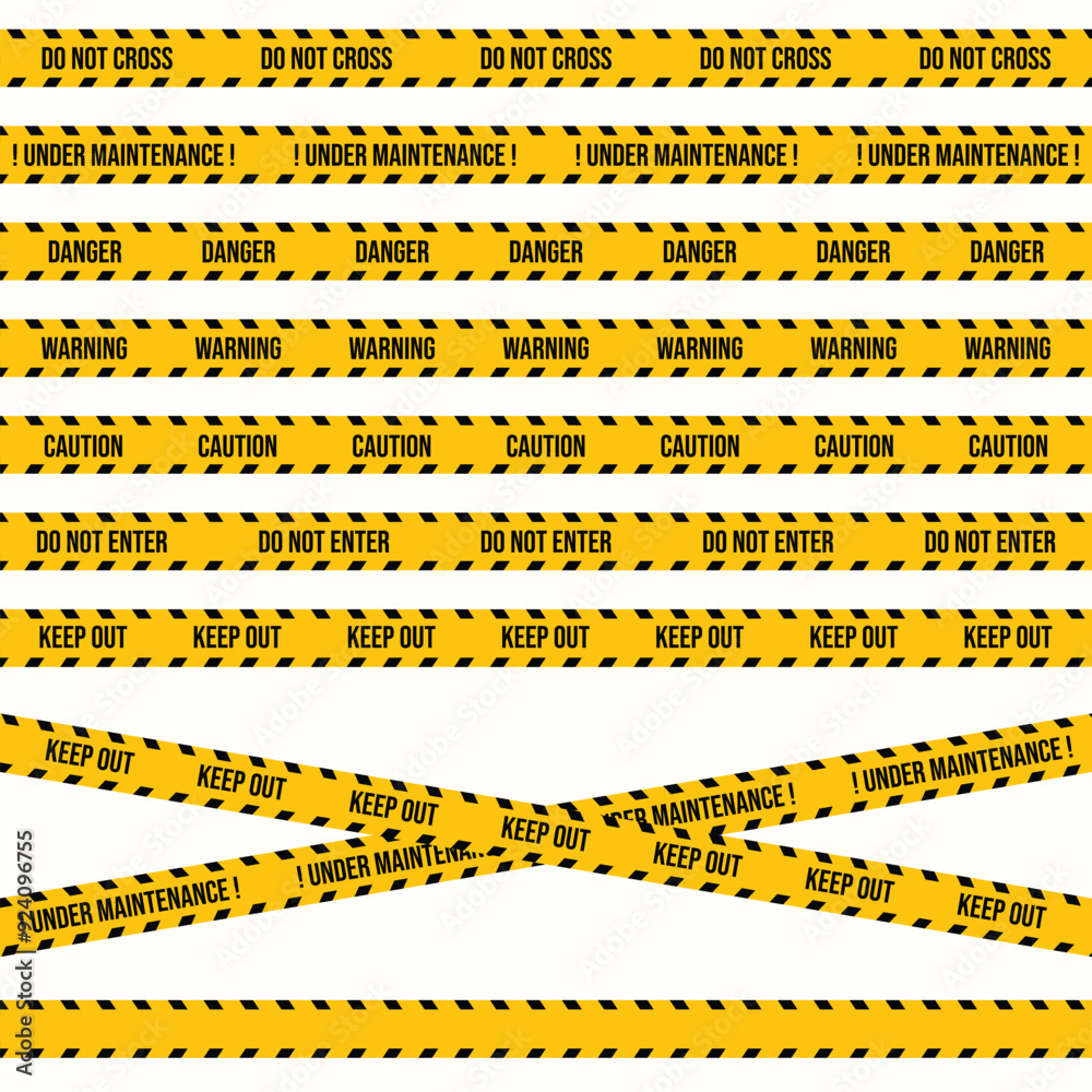 Yellow and black warning tape design with different restriction texts. Construction or police crime scene sign and restriction tape vector. Seamless caution, under maintenance, do not enter tape. Yellow and black warning tape design with different restriction texts. Construction or police crime scene sign and restriction tape vector. Seamless caution, under maintenance, do not enter tape.