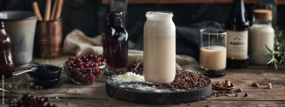 Fototapeta premium Rustic kitchen table with fresh milk in a jar surrounded by ingredients