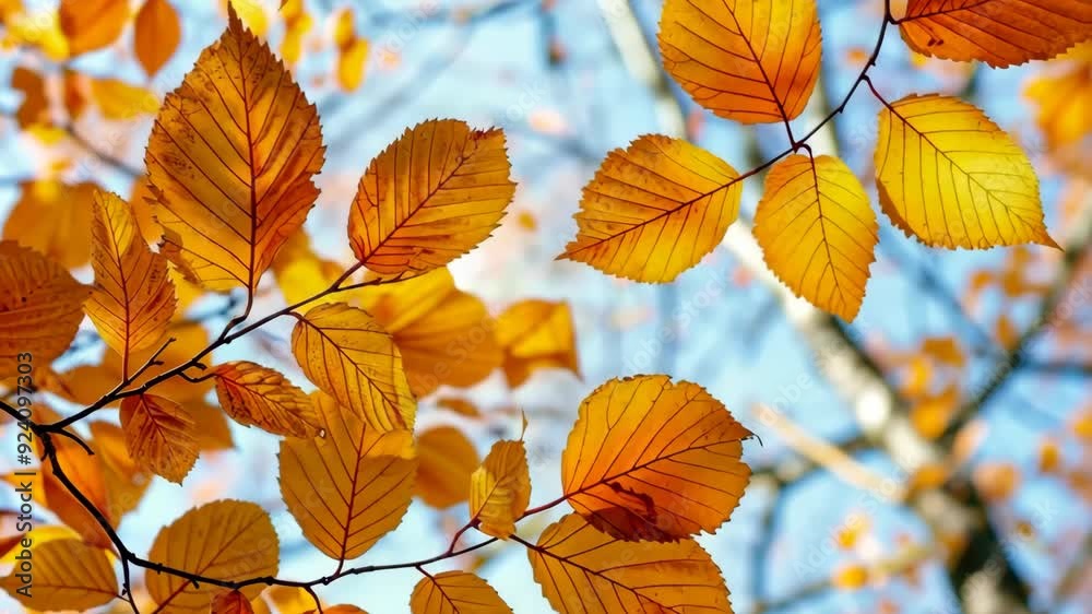Golden leaves dance in the gentle breeze, creating a picturesque autumn day filled with warmth and beauty under a clear blue sky Golden leaves dance in the gentle breeze, creating a picturesque autumn day filled with warmth and beauty under a clear blue sky