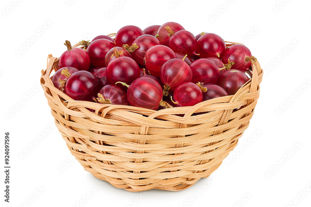 Red gooseberry in a wicker basket isolated on white background with full depth of field. Red gooseberry in a wicker basket isolated on white background with full depth of field.