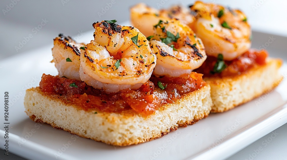 A white plate holds two slices of bread smothered in sauce and garnished with cooked shrimp on top of one slice A white plate holds two slices of bread smothered in sauce and garnished with cooked shrimp on top of one slice