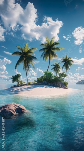 Lush tropical island with swaying palms  white sandy beaches  and blue water picture