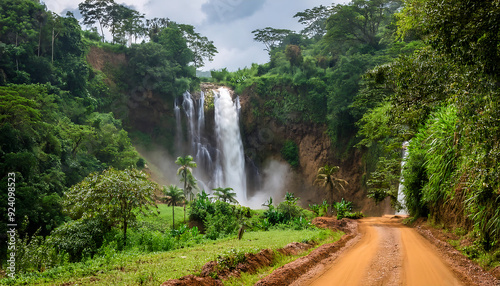  Waterfall and Dirt Road on Tropical Equator- A lush and exotic image of a waterfall cascadi_1(749) photo