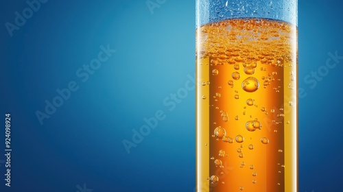 elegance looking test tube with orange sciency liquid bubbles in blue background photo