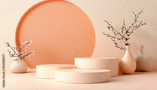 Soft peaches and green leaves, paired with cherry blossoms branches, show a fresh and natural style.