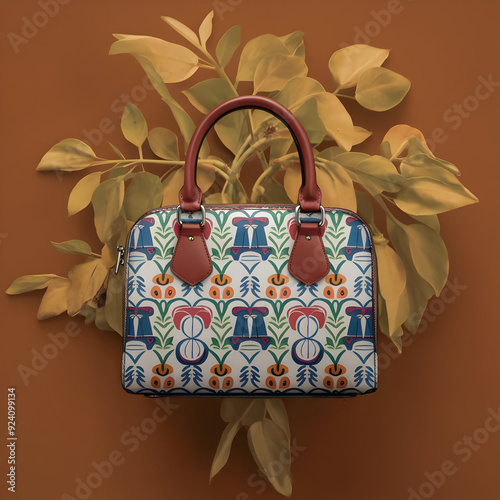 A handbag hanging on a wall with a plant in the background