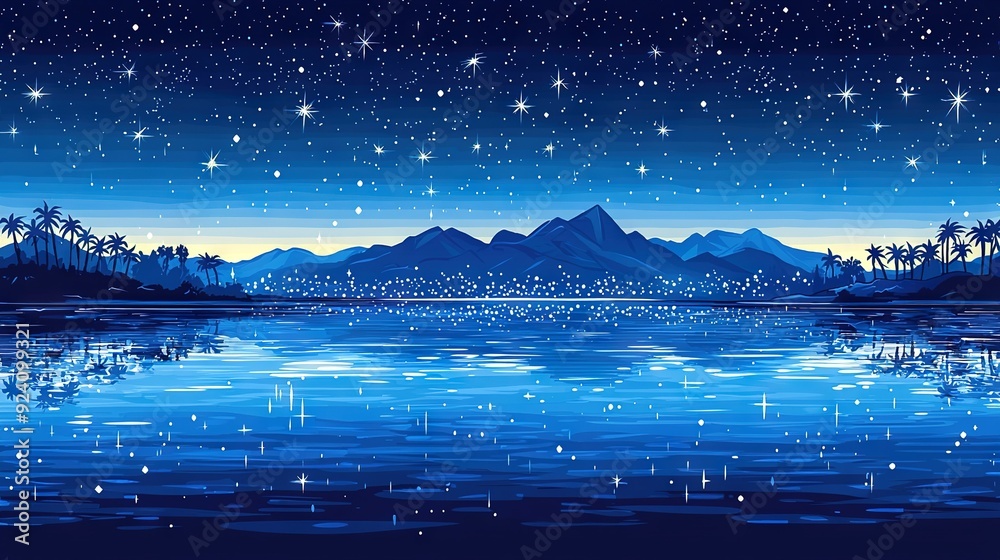 Fototapeta premium A painting of a night scene featuring a serene lake and majestic mountains in the foreground, with a canopy of glittering stars overhead