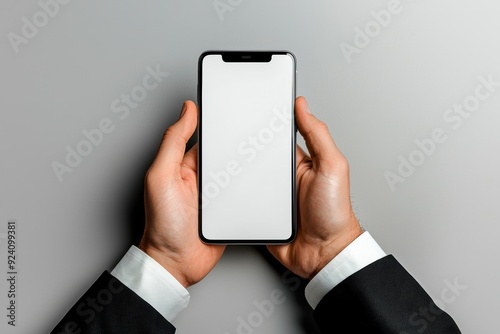 Close-up of hands holding smartphone with white screen. Mockup