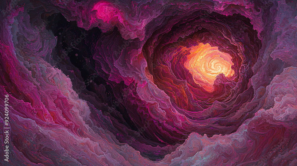 Purple-pink swirl with heart-shaped hole, light at tunnel's end Purple-pink swirl with heart-shaped hole, light at tunnel's end