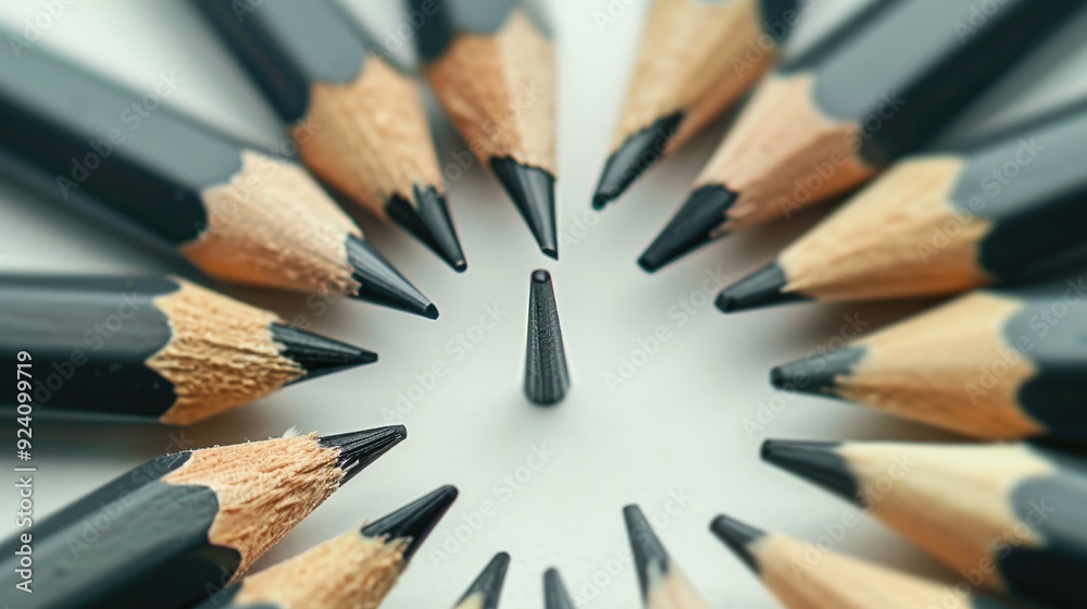 Business stationery arrangement with sharp pencil in focus amid dull pencils School themed flat lay on white background for creativity