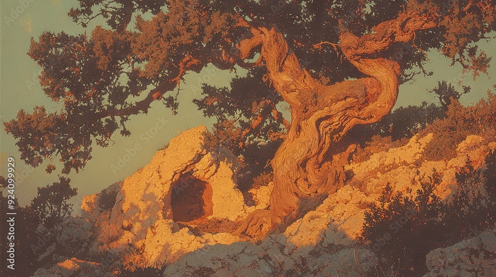 Naklejka premium A tree emerging from a crevice within a stone cliff face, with a cavern nestled inside its trunk