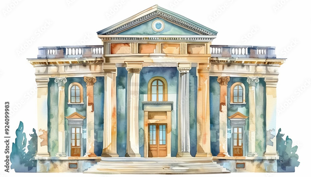 Fototapeta premium Elegant watercolor illustration of a grand building with columns and detailed architecture, perfect for artistic projects.