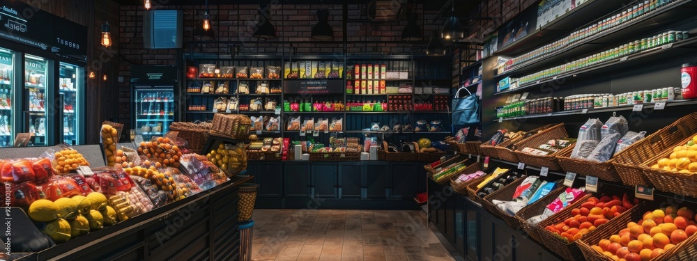 Fototapeta premium Cozy interior of a local grocery store with fresh produce display